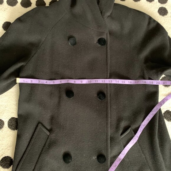 Vintage 90s Double Breasted Hooded Wool Velvet Trim Long Maxi Pea Coat Overcoat - Picture 11 of 15